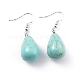 Synthetic Turquoise Dangle Earrings, with Brass Earring Hooks, Drop, Platinum, 43mm, Pin: 0.5mm