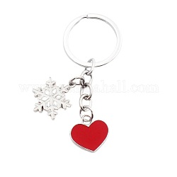 Porte-clés pendentifs en émail en alliage de zinc, avec porte-clés en alliage, coeur et flocon de neige, firebrick, 7.5 cm