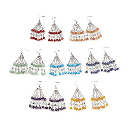 Natural/Synthetic Mixed Gemstone Tassels Dangle Earrings, with Brass Earring Hooks, 304 Stainless Steel Chains and Electroplate Glass Beads, Round, Platinum, Mixed Color, 80mm, Pin: 0.7mm, 7pairs/set