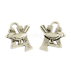 Tibetan Style Alloy Pendants, Number 4 with Bird, Lead Free & Cadmium Free, Antique Silver, 15x12x3mm, Hole: 2mm