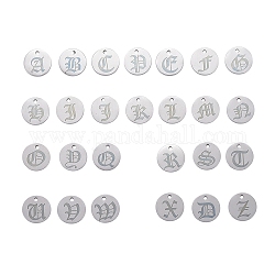 304 Stainless Steel Pendants, Alphabet Letter A~Z, Flat Round, Stainless Steel Color, 12mm, 26pcs/set, 1set/box