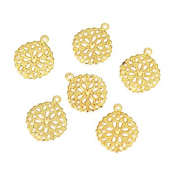 フラットラウンド真鍮の花の細工のパーツチャームペンダント  ゴールドカラー  15x13x0.5mm  穴：1mm
