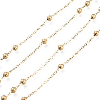 304 Edelstahl-Kabelketten, mit runden Perlen, gelötet, mit Spule, golden, Link: 1.2 mm, Perlen: 3 mm, ca. 32.8 Fuß (10m)/Rolle