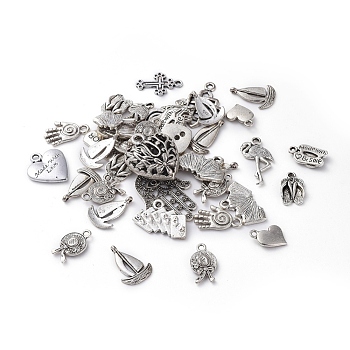 Metallanhänger im tibetischen Stil für die Herstellung und Herstellung von DIY-Schmuck, Mischformen, Antik Silber Farbe, Größe: ca. 12~64 mm lang, 9~62 mm breit, 1~20 mm dick, Bohrung: 2~6 mm