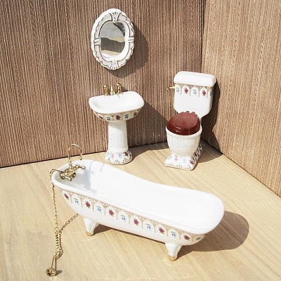 Dollhouse miniature porcelain 3 piece bathroom set sink toilet tub