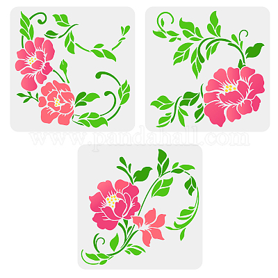 FINGERINSPIRE 3 pcs Floral Stencils for Painting on Furniture 11.8x1.8inch  Reusable Spring Peony Drawing Template DIY Art Nature Plants Flower Stencil