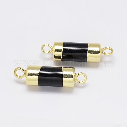 天然瑪瑙カラムリンクコネクター  金色の真鍮のパーツと  染め  ブラック  30x8.5mm  穴：3mm G-P078-09-1