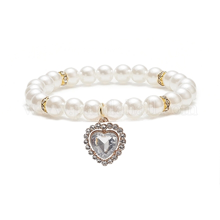 Braccialetto elasticizzato con perline rotonde in perle acriliche con ciondoli a cuore in strass in lega per donna BJEW-JB09232-01-1