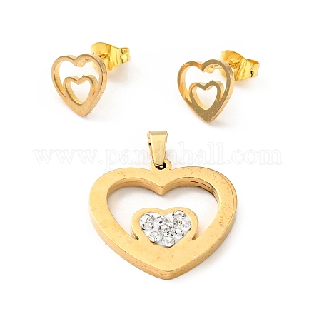 Double Heart Stud Earrings with 316 Stainless Steel Pins and Crystal Rhinestone Pendant SJEW-F218-02G-1