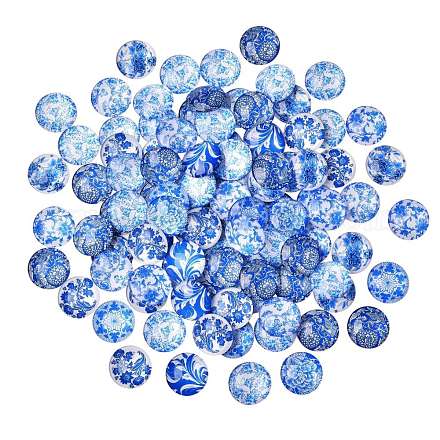 青と白のプリントガラスカボション  半円/ドーム  スチールブルー  25x7mm  100個/箱 sgGGLA-SZ0001-11-1