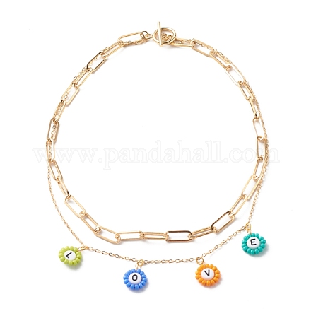 Love Flat Round Charm Layered Necklace for Teen Girl Women NJEW-TA00011-1