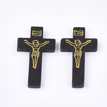 印刷木製のペンダント  十字架クロス  イースターのために  染め  ブラック  41.5~42.5x23.5~24.5x4.5mm  穴：2mm WOOD-S050-35B-01-1