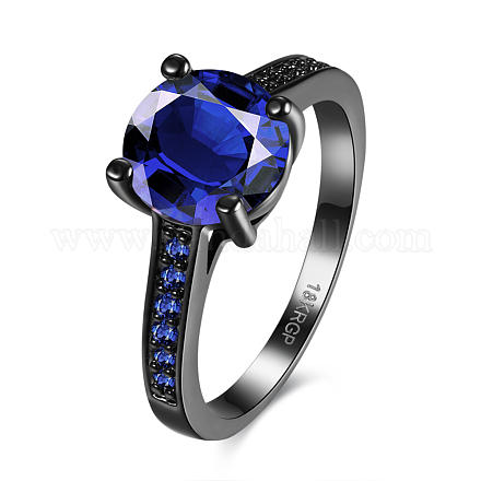 トレンディな真鍮ガラスラインストーンの指輪  ラウンド  サイズ8  ブルー  ガンメタ色  18.1mm RJEW-BB18916-8-1