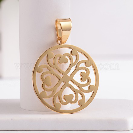 Filigree Flat Round with Flower 304 Stainless Steel Pendants STAS-O070-25G-1