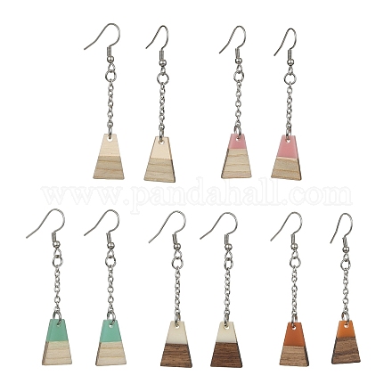 Orecchini pendenti trapezoidali in resina bicolore e legno EJEW-JE05569-1