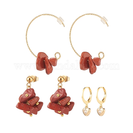 3 Pairs 3 Style Natural Red Jasper Chips Beaded Cluster Dangle Stud & Leverback Earrings EJEW-JE04895-01-1