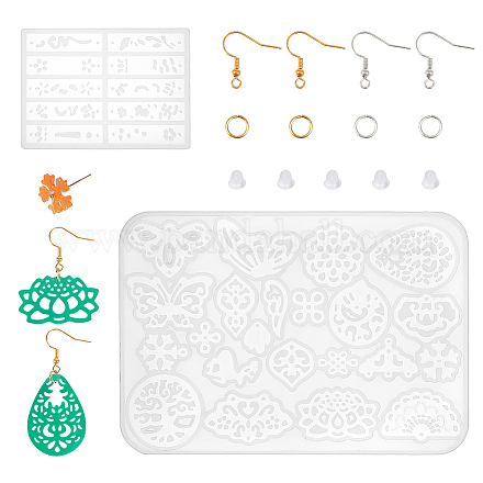 PandaHall Earring Resin Molds Jewelry Epoxy Resin Casting Silicone Molds Including 100pcs Earring Hooks DIY-PH0026-65-1