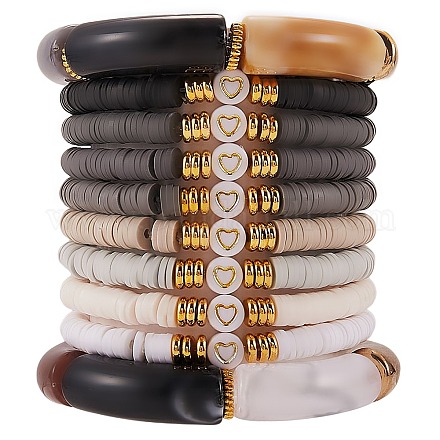 10pcs 10 bracelets extensibles perlés heishi en argile polymère faits à la main avec coeur BJEW-SW00036-05-1
