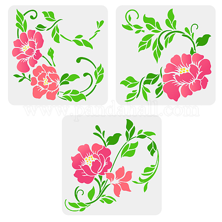 FINGERINSPIRE 3 pcs Floral Stencils for Painting on Furniture 11.8x1.8inch Reusable Spring Peony Drawing Template DIY Art Nature Plants Flower Stencil for Painting on Wall DIY-WH0394-0015-1