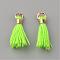 Polycotton(Polyester Cotton) Tassel Pendant Decorations, with Unwelded Iron Jump Rings, Golden, Lawn Green, 10~16x2mm, Hole: 1.5mm