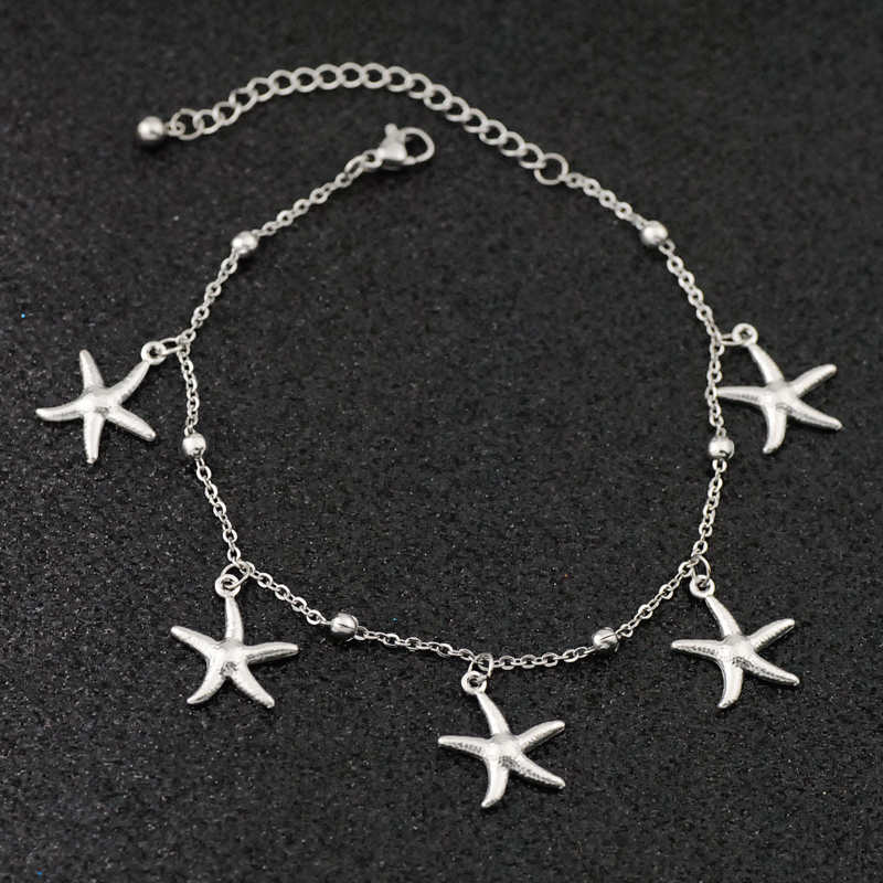 Bohemia Style Ocean Theme 304 Stainless Steel Anklets, Stainless Steel Color, Starfish, 7-7/8 inch(200mm)