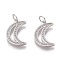 Brass Micro Pave Clear Cubic Zirconia Pendants, Long-Lasting Plated, With Jump Rings, Moon, Platinum, 17x11.5x1.5mm, Hole: 3mm, Jump Ring: 5x1mm