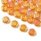 Electroplate Glass Beads, Flat Round with Letter, Orange, Letter E, 9.5~10x4~5mm, Hole: 1mm, about 30pcs/set