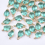 Conectores de enlaces de vidrio transparente, con fornituras de latón, facetados, lágrima, la luz de oro, verde mar claro, 13x7x3.5mm, agujero: 1.2 mm