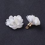 Decoraciones colgantes de tela, con fornituras de acrílico, flor, blanco, 25~30x28~35mm, agujero: 2 mm