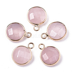 Ciondoli quazo rosa naturale, bordo in ottone color oro chiaro, sfaccettato, rotondo e piatto, 18x13.5x6mm, Foro: 2 mm