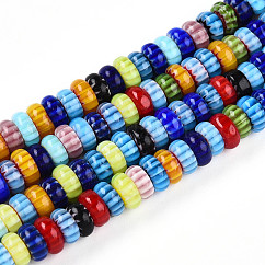 Chapelets de perles en verre de millefiori manuelles, citrouille, couleur mixte, 7.5~8.5x3~4mm, Trou: 1.2mm, Environ 100~106 pcs/chapelet, 14.37~14.96 pouce (36.5~38 cm)