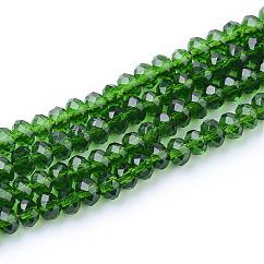 Abalorios de vidrio transparente hebras, facetados, rerondana plana, verde, 2.9~3.3x2mm, agujero: 0.5 mm, aproximamente 135~140 pcs / cadena, 32~34 cm
