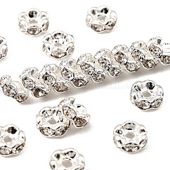 Abalorios de latón Diamante de imitación espaciador, aaa grado, borde ondulado, sin níquel, color plateado, rerondana plana, cristal, 6x3mm, agujero: 1 mm