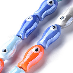 Hebras de cuentas de cerámica de porcelana hecha a mano, pintado a mano, famille estilo rosa, pez, color mezclado, 20x10x8mm, agujero: 1.8 mm, aproximamente 16 pcs / cadena, 12.01 pulgada (30.5 cm)