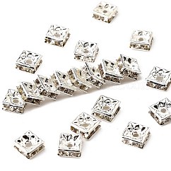 Perline distanziatori strass in ottone, grado a, quadrato, nichel libero, colore argento placcato, cirstallo, 6x6x3mm, Foro: 1 mm