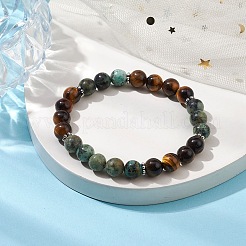 Braccialetti elasticizzati con perline rotonde naturali da 8 mm in occhio di tigre e turchese africano (diaspro) per donna e uomo&nbsp;BJEW-JB10533-03