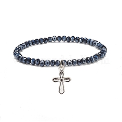 Bracelet extensible en perles rondes en verre avec breloque croix en alliage pour femme&nbsp;BJEW-JB08509