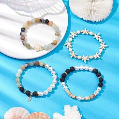 Bracelets en pierre de lave naturelle avec amazonite à fleurs naturelles et turquoise synthétique avec perles en acier inoxydable 304&nbsp;BJEW-JB10519