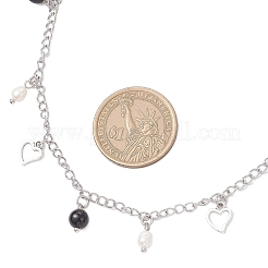 Colliers en agate noire naturelle (teinte et chauffée) et perle naturelle et chaîne gourmette en acier inoxydable 304 avec pompon en forme de cœur&nbsp;NJEW-JN05342