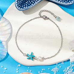Bracelets de cheville à maillons en turquoise synthétique et perles d'eau douce naturelles&nbsp;AJEW-AN00628-01