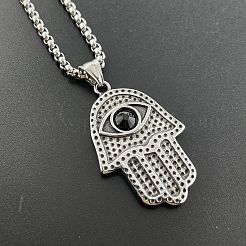 Retro-Punk-Stil 304 Edelstahl Jet Strass Hamsa Hand Anhänger Halsketten für Hip-Hop-Mode für Männer&nbsp;JT3718