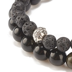 Ensemble de bracelets extensibles en obsidienne et pierre de lave 2pcs 2 styles&nbsp;BJEW-JB08193-01