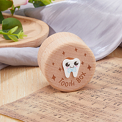 Porta-denti da latte in legno stampato rotondo con coperchio&nbsp;CON-WH0099-75B