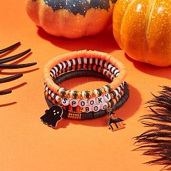 4 Stück 4 Stil Polymer Clay Heishi Surfer Stretch Armbänder Set mit Wort Spooky Boo Acrylperlen&nbsp;BJEW-TA00127