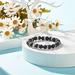 Rundes Stretch-Armband aus natürlichem Lavagestein mit Legierungsschädel&nbsp;BJEW-JB07865-01