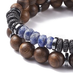 2 pièces 2 bracelets extensibles en perles de bois naturel et hématite synthétique sertis de pierres précieuses&nbsp;BJEW-JB08153