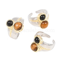 Agata nera naturale e occhio di tigre naturale con anelli aperti in ottone.&nbsp;RJEW-B163-01GP-02