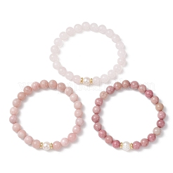 Ensemble de 3 bracelet extensible empilable en perles rondes de quartz rose naturel&nbsp;BJEW-JB12995