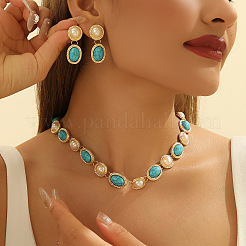 Ovale Ohrringe und Halsketten-Sets aus synthetischem Türkis und Kunstperlen für Damen&nbsp;FS-WGC1BDB-01