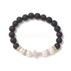 Braccialetti elastici con perle rotonde di lava naturale e conchiglie&nbsp;BJEW-JB11826-01
